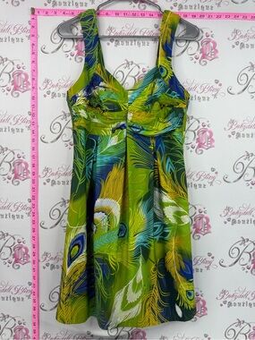 Mini dress y2k feathers Green Peacock-Print Sleeveless A-Line Dress
